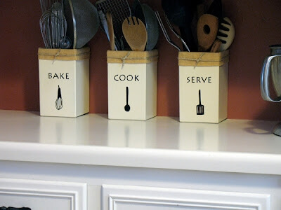 up cycled farmhouse style storage containers for kitchen utensils