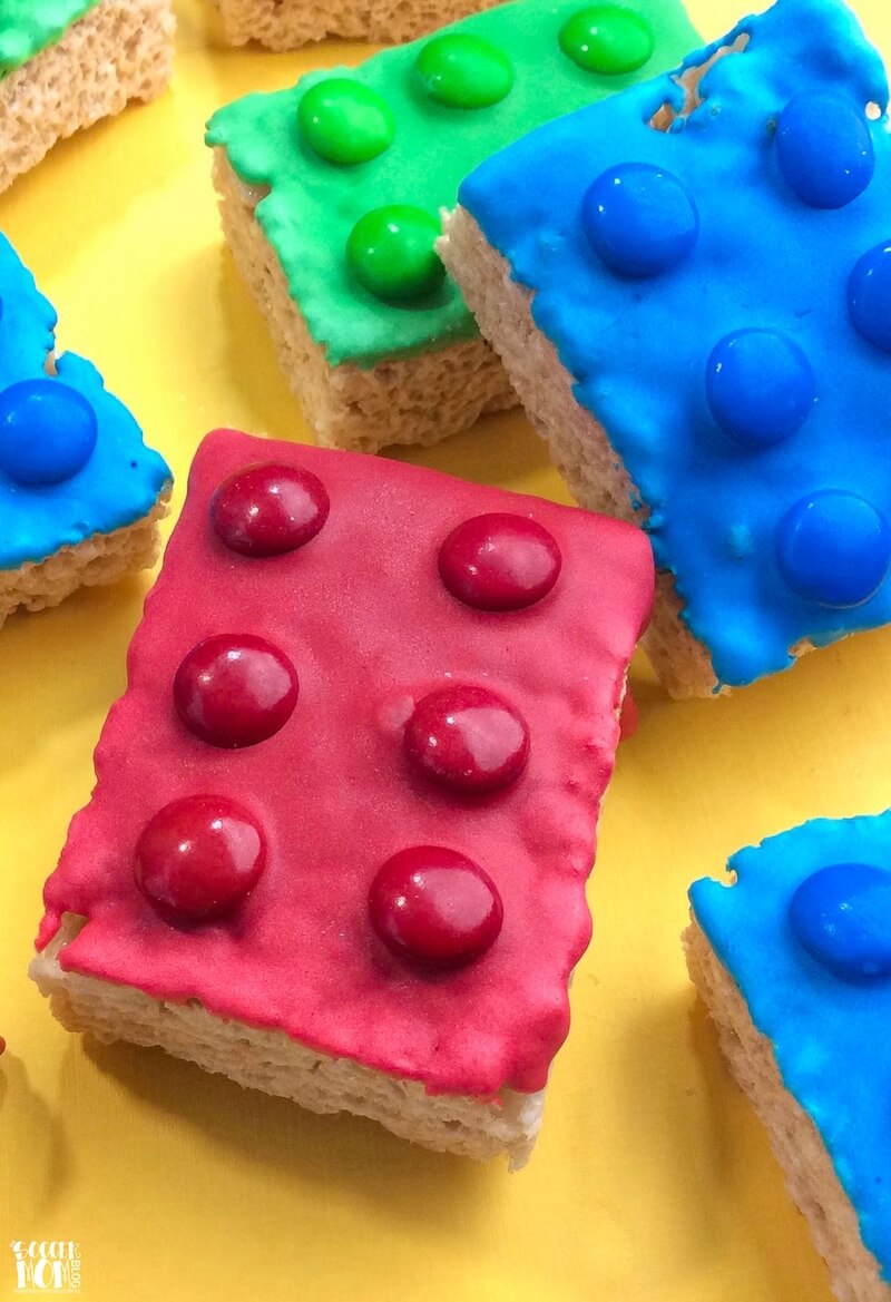 Rice Krispie treats made to look like LEGO bricks