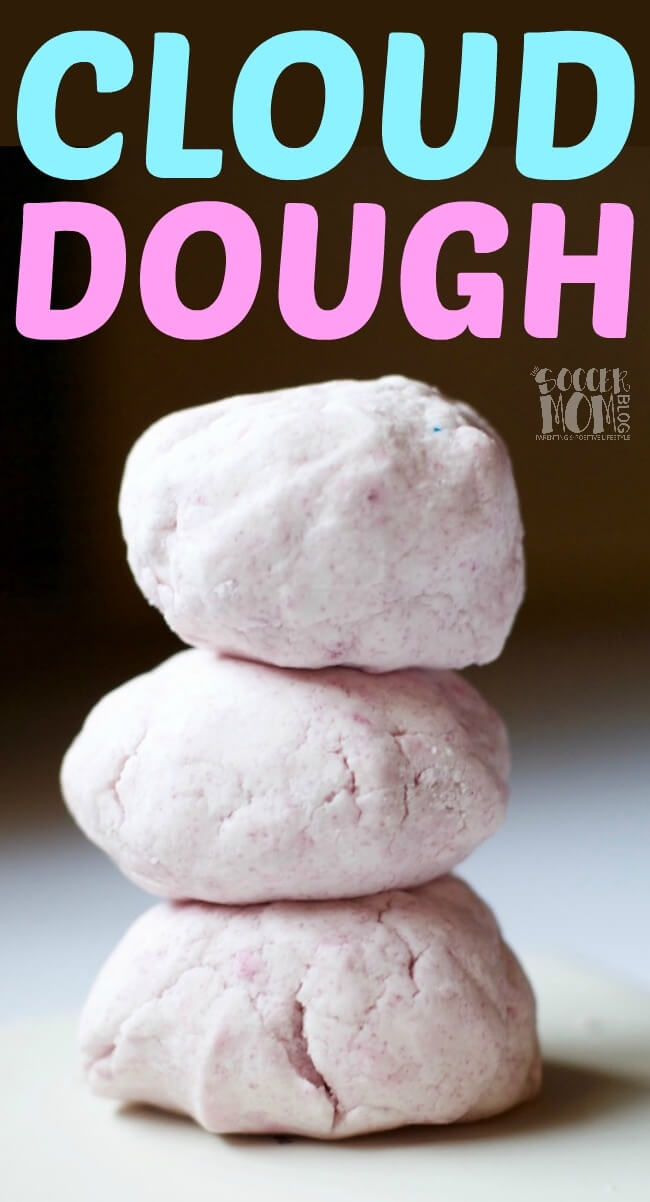 Soft, fluffy, "snow" or cloud dough recipe - a perfect indoor sensory play activity for kids of all ages! Easy to make with simple household ingredients.