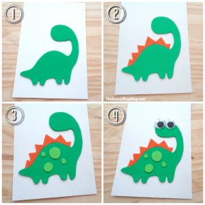 4 step photo collage showing how to make a dinosaur out of craft foam