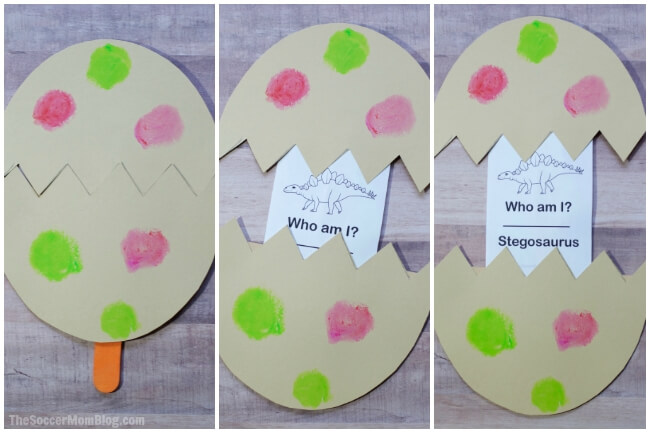 A double boredom buster! This Kids Dinosaur Discovery Eggs Craft is both fun to make, and is a game to help kids identify different dinosaur names.