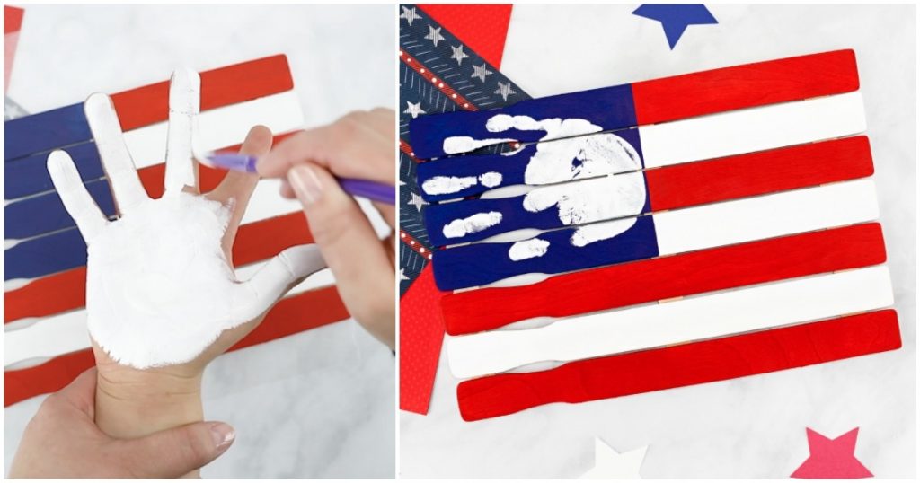 This American Flag Handprint Craft for Preschoolers is such a cute patriotic keepsake made using paint sticks!