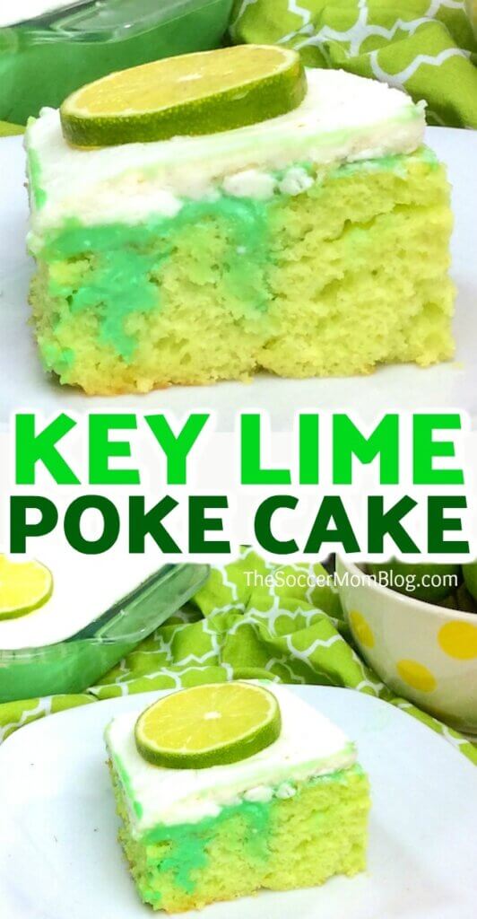 2 photo vertical collage of bright green lime poke cake