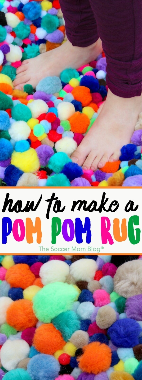 Add a burst of color to any room with this vibrant Pom Pom Rug - an easy DIY craft that's perfect for a kids room, bathroom, reading nook, or anywhere! (FREE photo step-by-step tutorial inside)