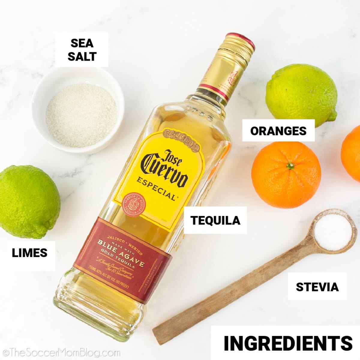 skinny margarita ingredients, with text labels: tequila, lime, oranges, salt, stevia.