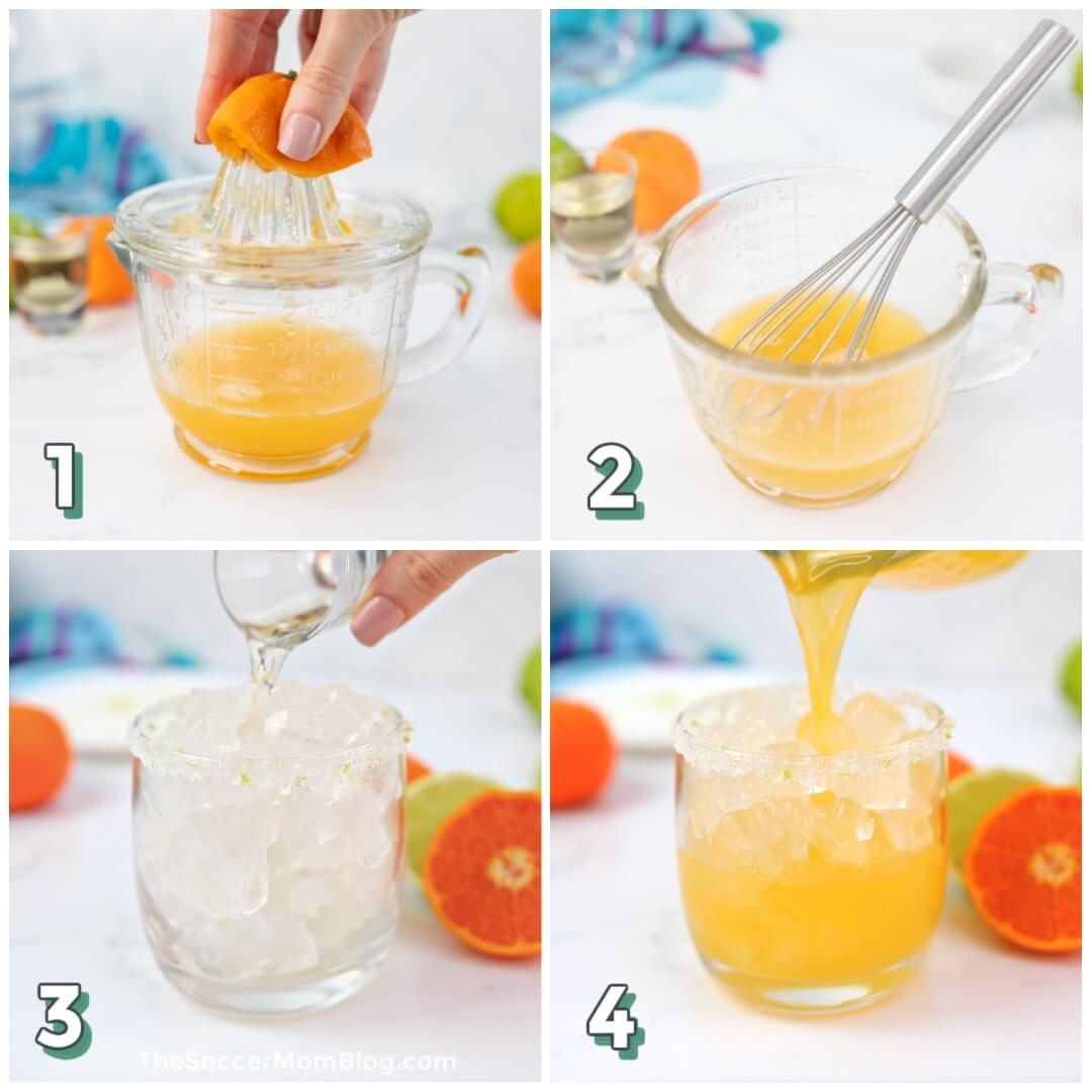 4 step photo collage showing how to make a margarita with fresh juice.