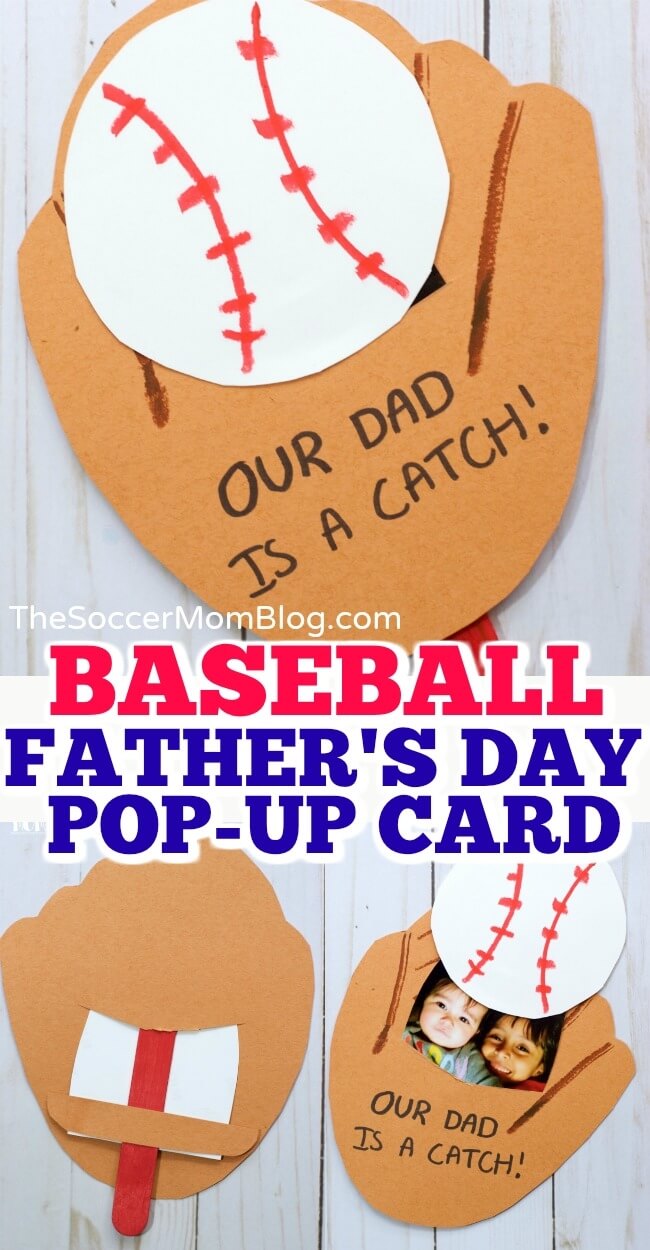 3 photo collage showing a baseball glove Father's Day card kids craft