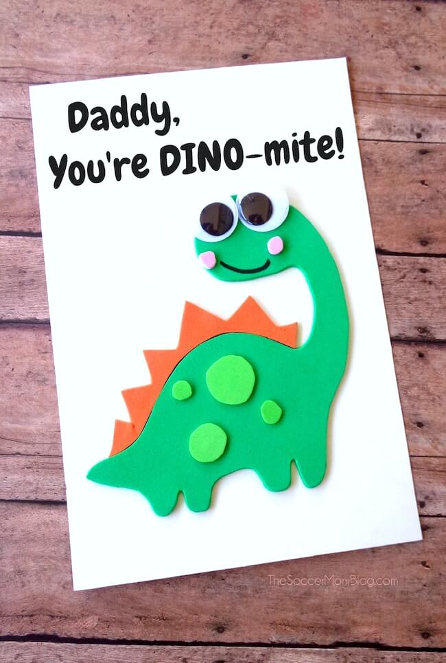 This pun-tastic homemade Father's Day Card sure is DINO-MITE! It's the perfect easy last-minute card idea and can be made by kids of all ages!