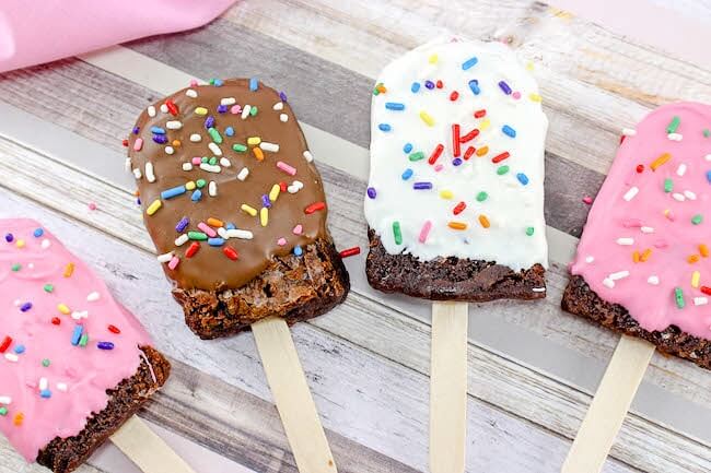 pink, white, and chocolate brownie popsicles