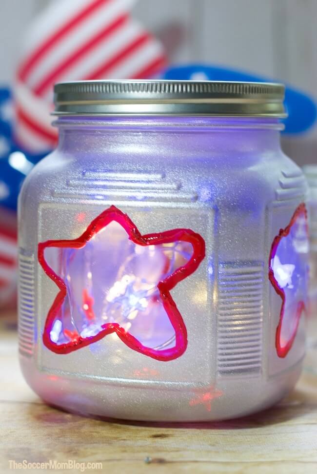 Add a gorgeous glow to your Independence Day celebrations with these fun and easy patriotic kid-made mason jar lights!