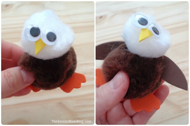 Cute-as-pie and only minutes to make! This Pom-Pom Bald Eagle Craft is the perfect easy holiday kids activity or summer art project!
