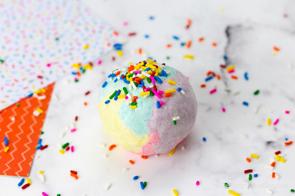 ball of rainbow unicorn play dough with sprinkles