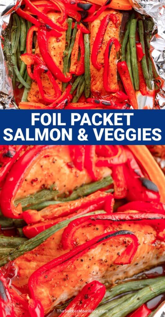 2 photo collage of salmon filets cooked in a foil packet