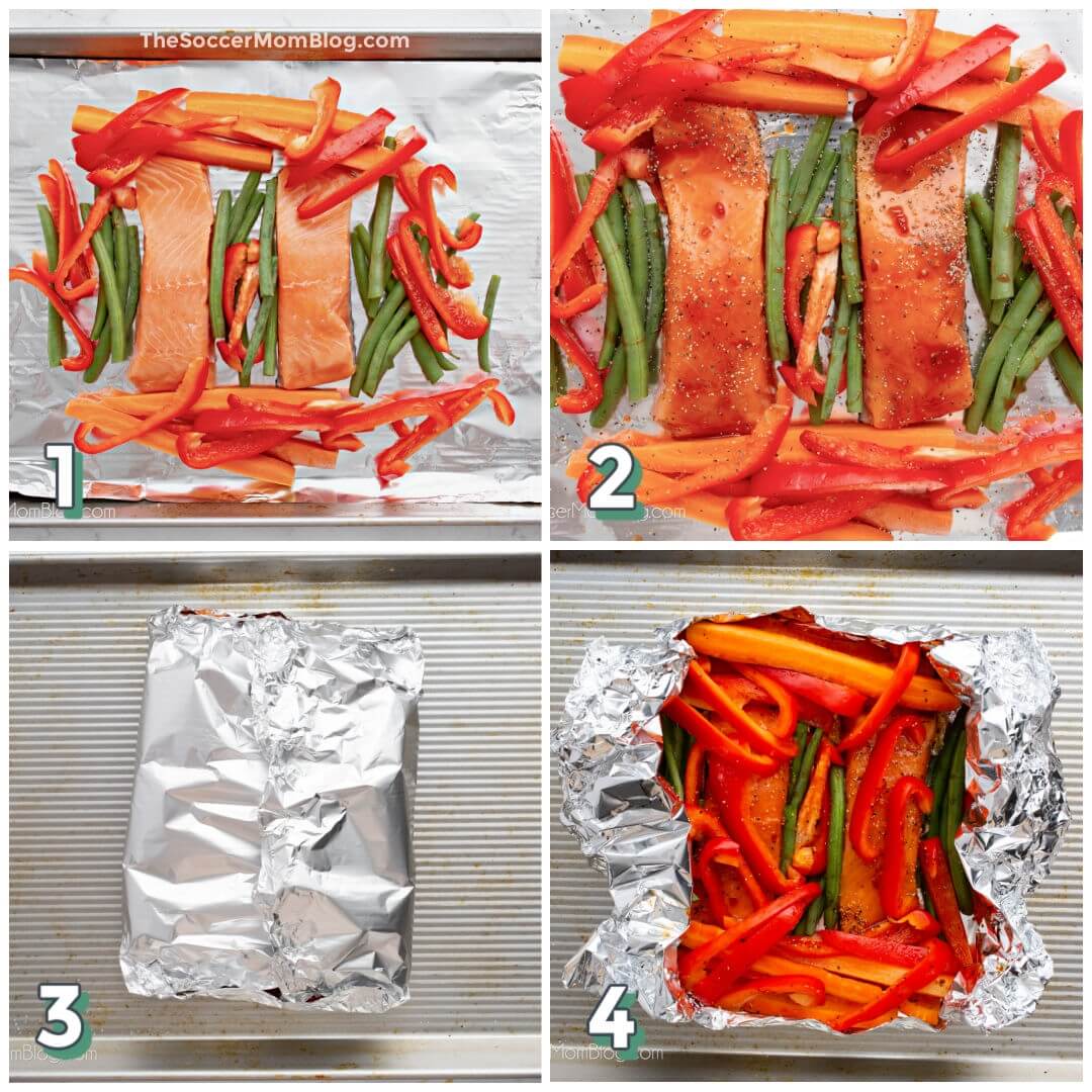4 step photo collage showing how to cook salmon in foil