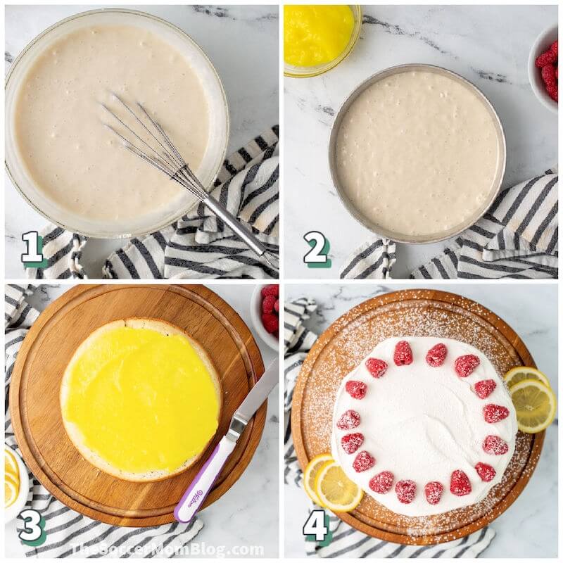 4 step photo collage showing how to make a lemon layer cake