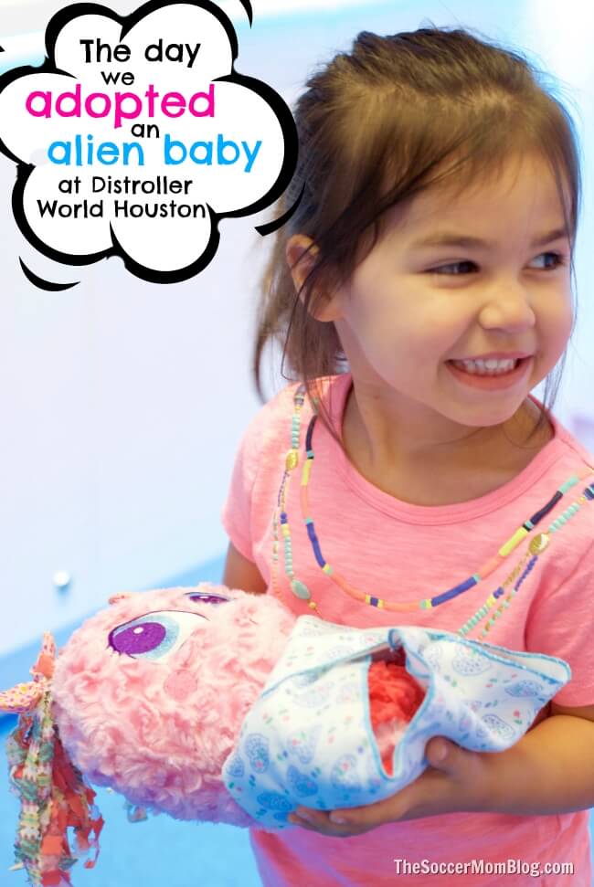 How your child can adopt an Alien Neonate Baby at Distroller World Houston, plus the benefits of pretend play with dolls.
