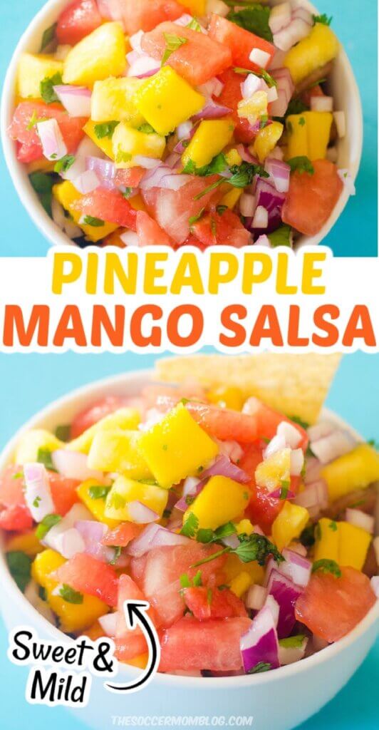 2 photo collage of pineapple mango salsa