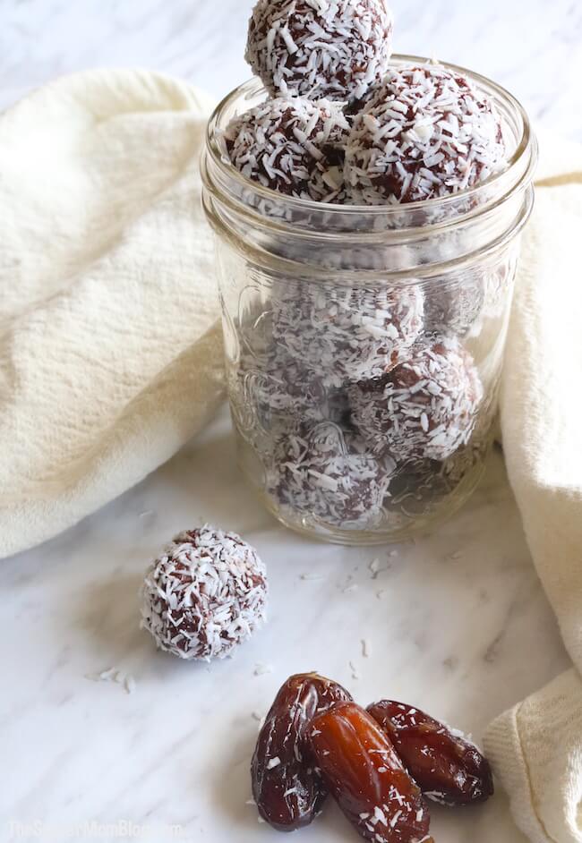 mason jar filled with homemade chocolate coconut protein balls
