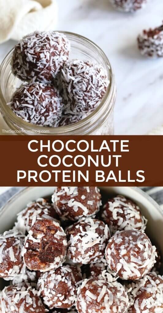 homemade chocolate protein bites rolled in shredded coconut; text overlay "Chocolate Coconut Protein Balls"