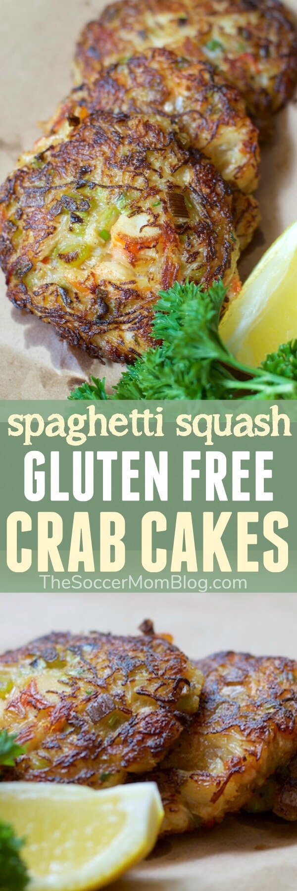 All good stuff and no filler! These gluten free crab cakes are made with TONS of crab, plus a spaghetti squash ingredient swap makes them lower in carbs!