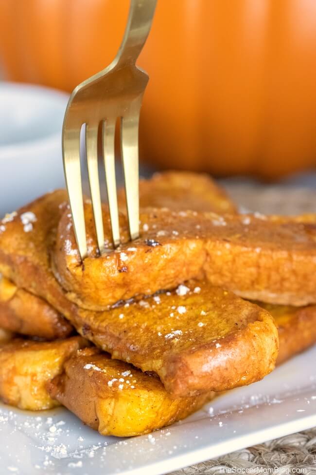 close up of fork in pumpkin French toast sticks