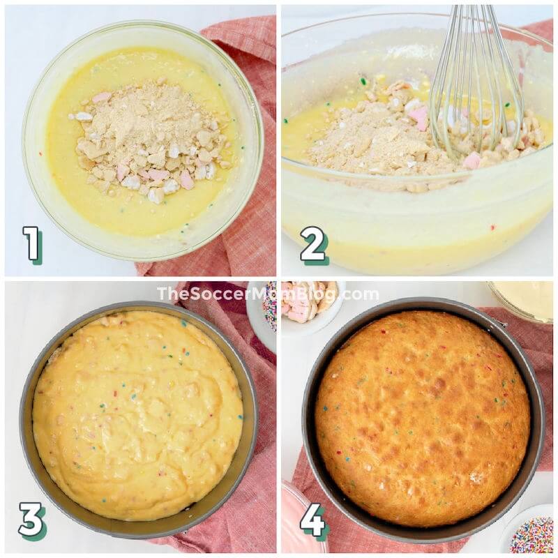 4-step photo collage illustrating how to make a funfetti cake bottom cheesecake crust