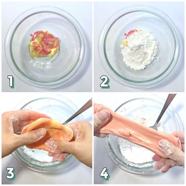step by step photo collage showing how to make slime from candy