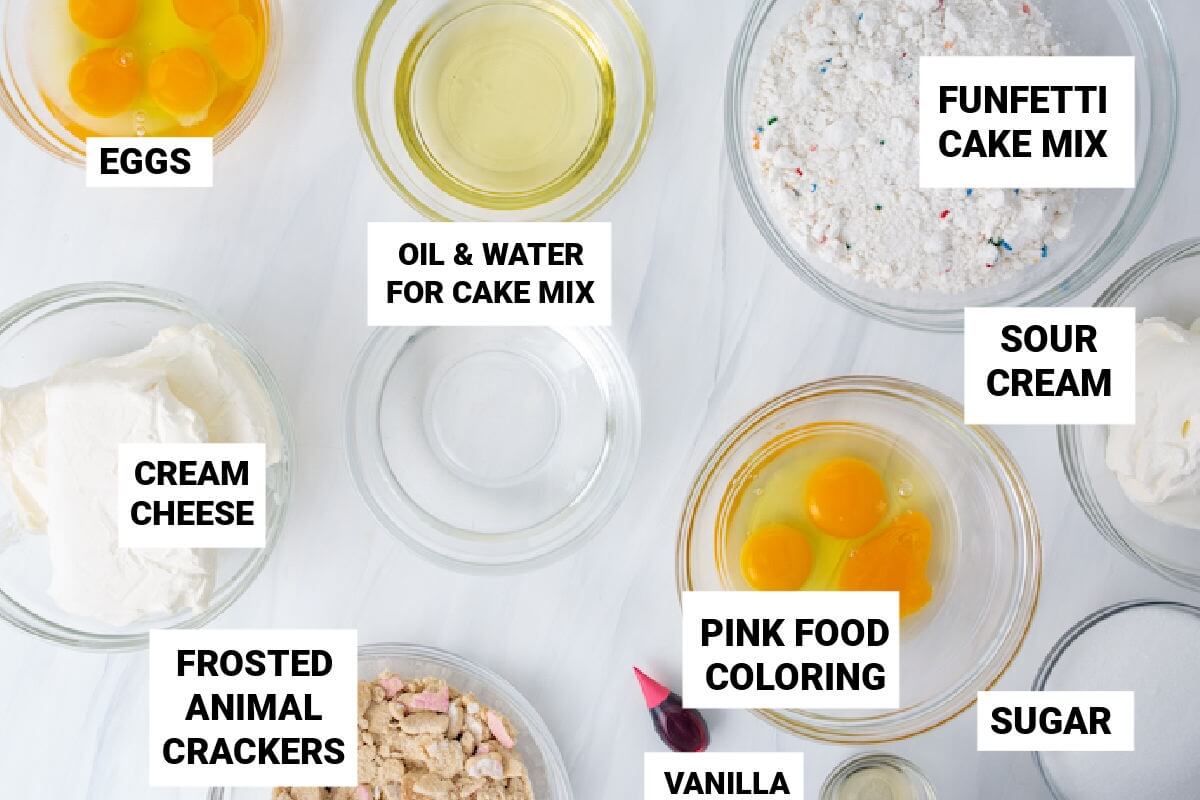 labeled ingredients to make a funfetti cheesecake