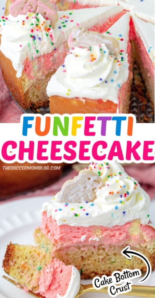 2 photo collage of a layered confetti cheesecake; text overlay "Funfetti Cheesecake"