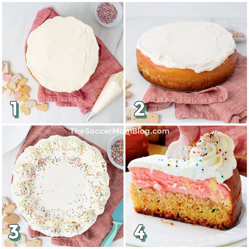 4-step photo collage illustrating how to make a funfetti cheesecake with animal crackers