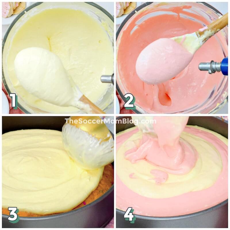 4-step photo collage illustrating how to make pink swirl cheesecake batter