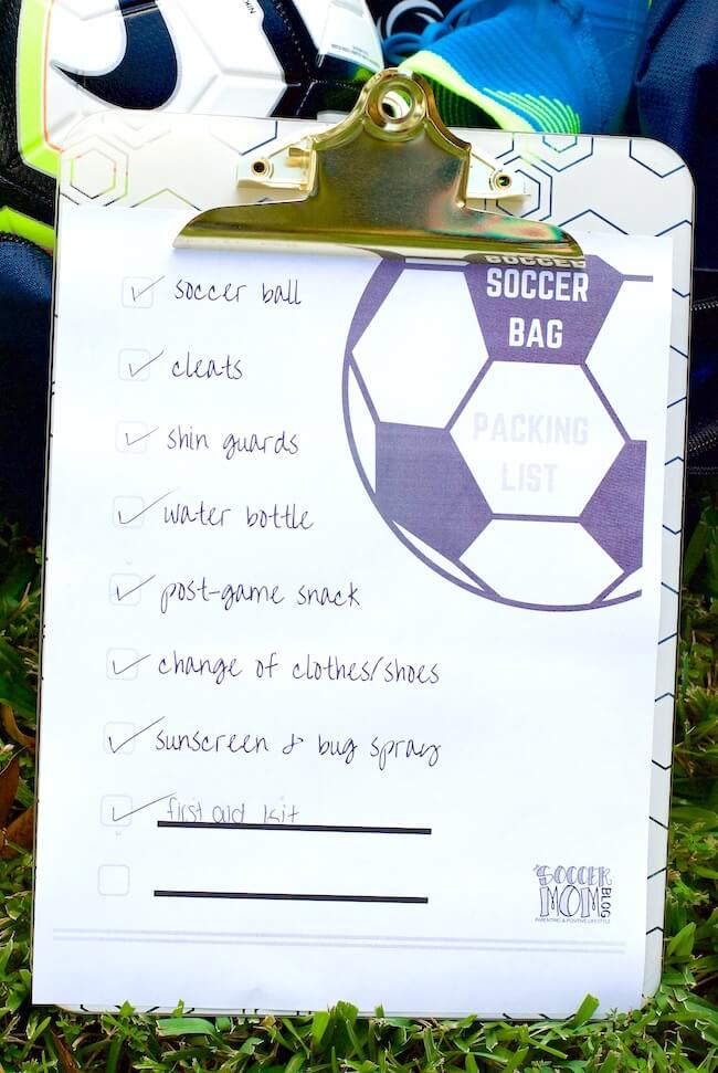 Everything you need to know about what to pack in your soccer bag on game day. What size soccer ball does your kid need, plus a free printable packing list.