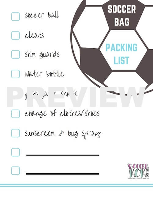 Free soccer bag packing list printable from The Soccer Mom Blog