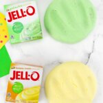 green and yellow playdough and boxes of jello pudding.