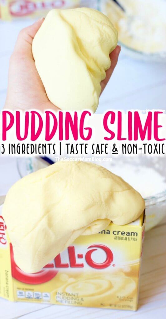 Only 3 ingredients and taste safe! This fun edible pudding slime recipe is perfect sensory play for all ages!
