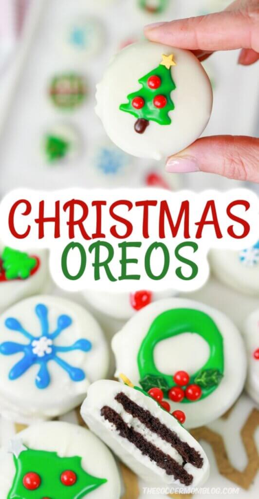 decorated Christmas Oreos, two photos with text overlay