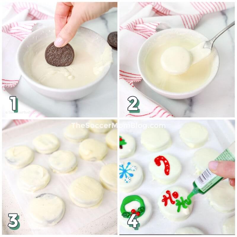 step by step photo collage showing how to decorate Oreo cookies for Christmas