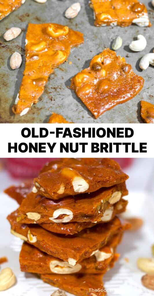 2 photo vertical Pinterest collage of homemade honey nut brittle