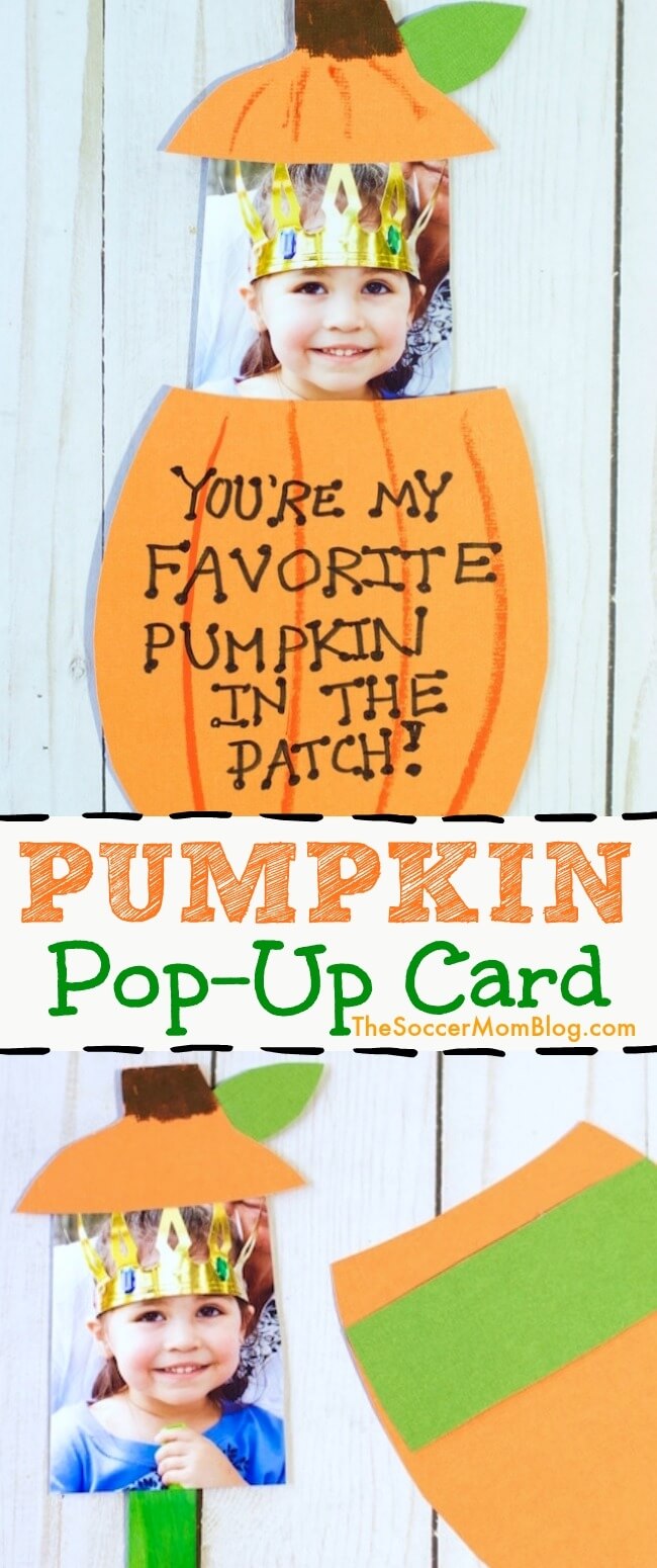 Super cute kid-made pop-up photo pumpkin card that's perfect for Fall holidays - Thanksgiving & Halloween. Click for free printable pattern & video tutorial!
