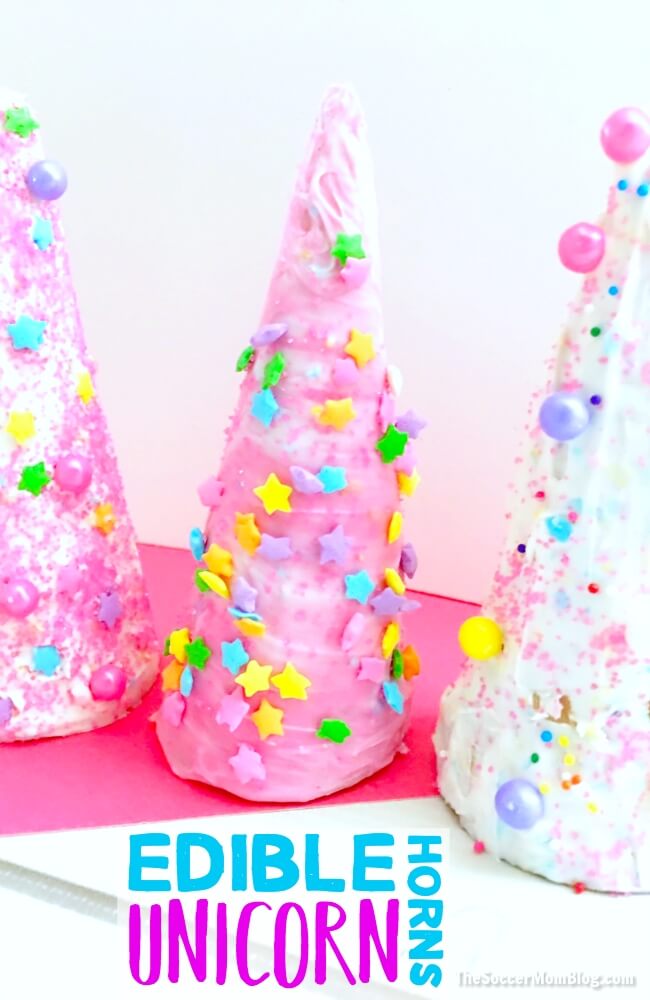 These edible unicorn horns are perfect to enjoy on their own, or pop 'em on top of a bowl of your favorite ice cream for a super special sundae!