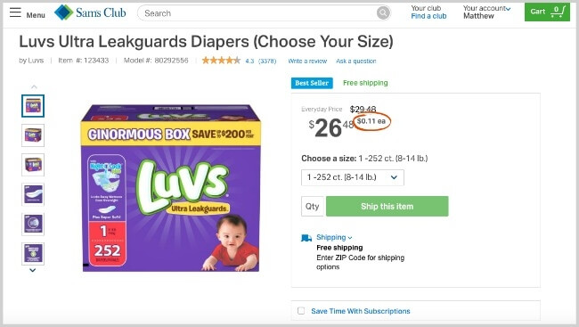 Luvs diapers at Sam's Club subscription