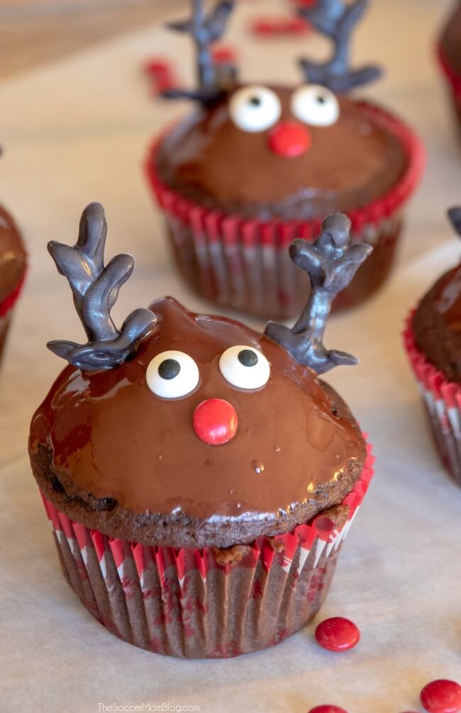 chocolate cupcake decorated to look like Rudolph the Red Nosed Reindeer