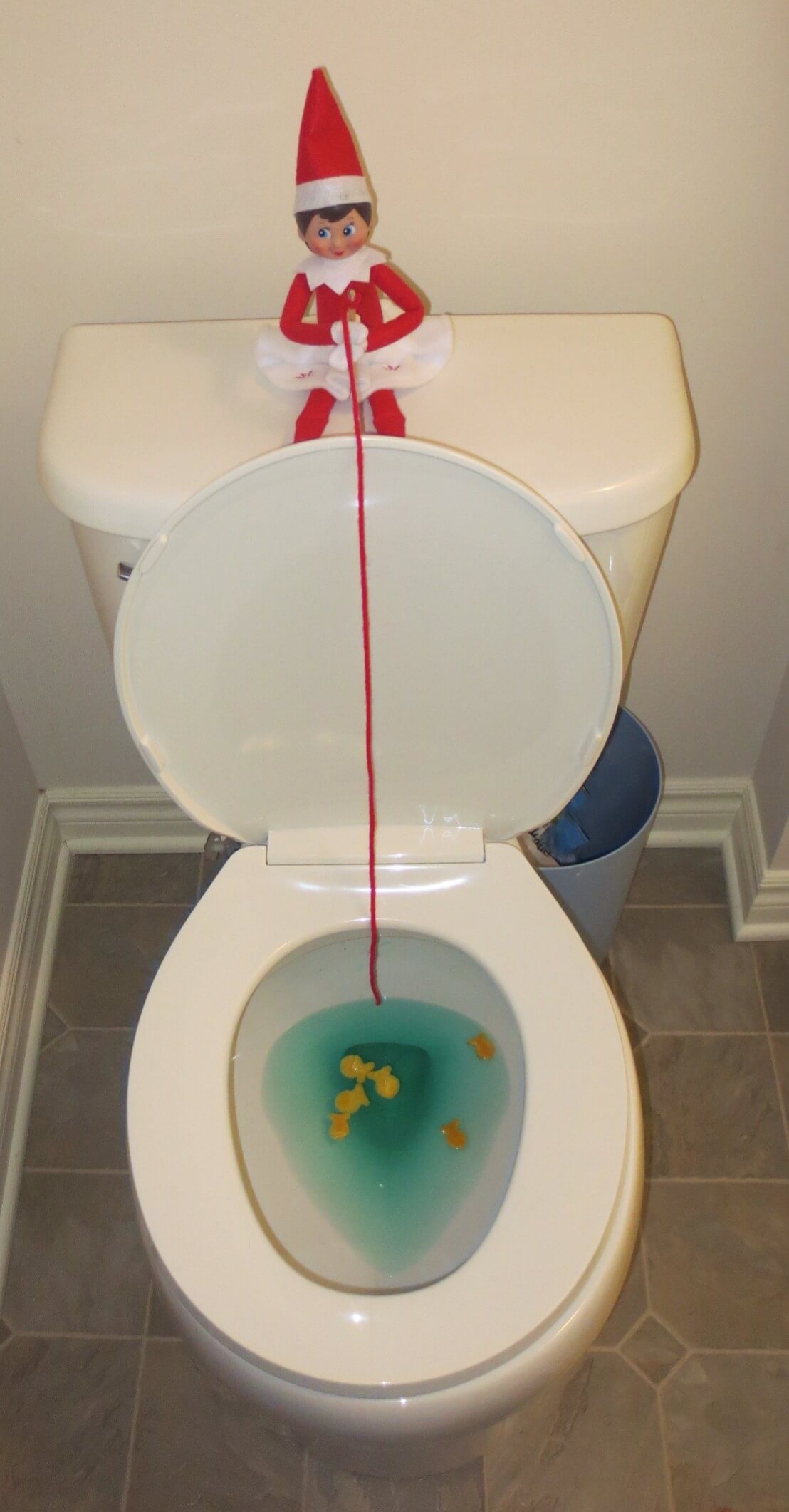 Elf fishing in toilet for Goldfish crackers