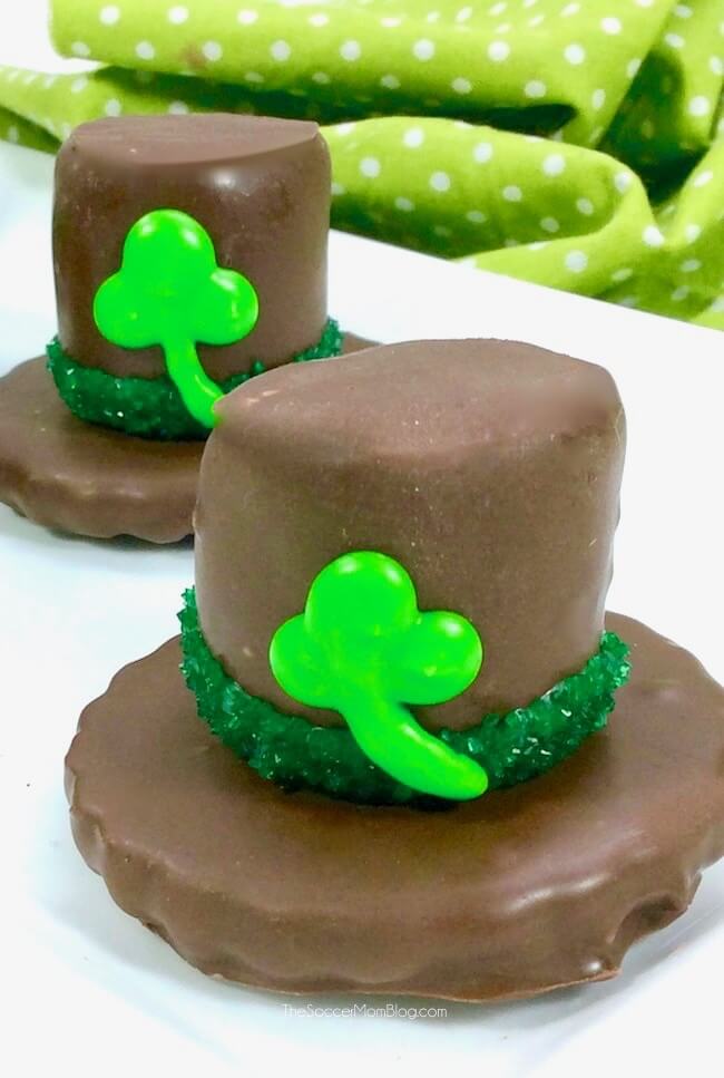 cookie and marshmallow treats made to look like Leprechaun hats