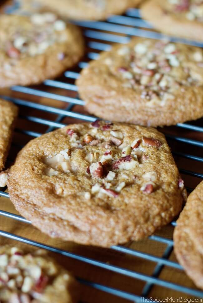 These giant bakery-style chewy pecan toffee cookies are such a decadent treat...you'd never guess they're actually gluten free!