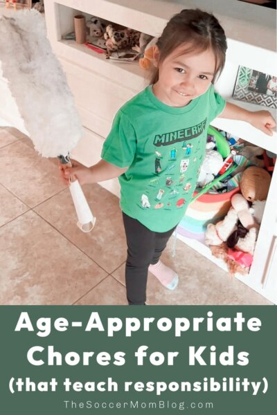 little girl holding duster; text overlay "Age-Appropriate Chores for Kids"