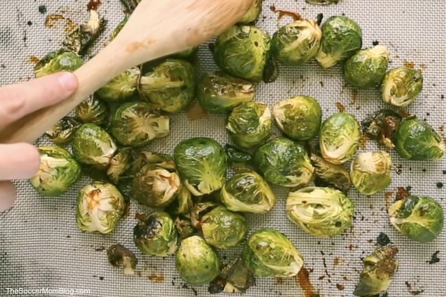 oven roasted Brussels sprouts on baking sheet