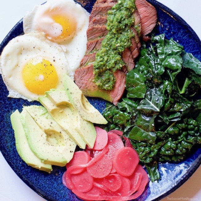 steak salad with chimichurri, eggs, and veggies