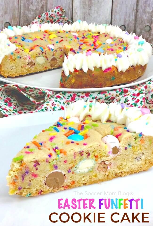 cookie cake filled with Easter candy; text overlay "Easter Funfetti Cookie Cake"