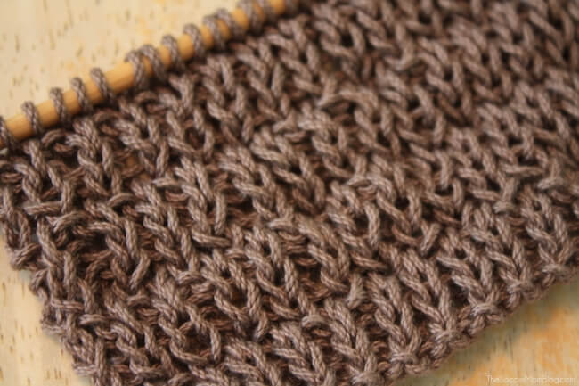 Close-up of textured stitch on DIY knitted dishcloth